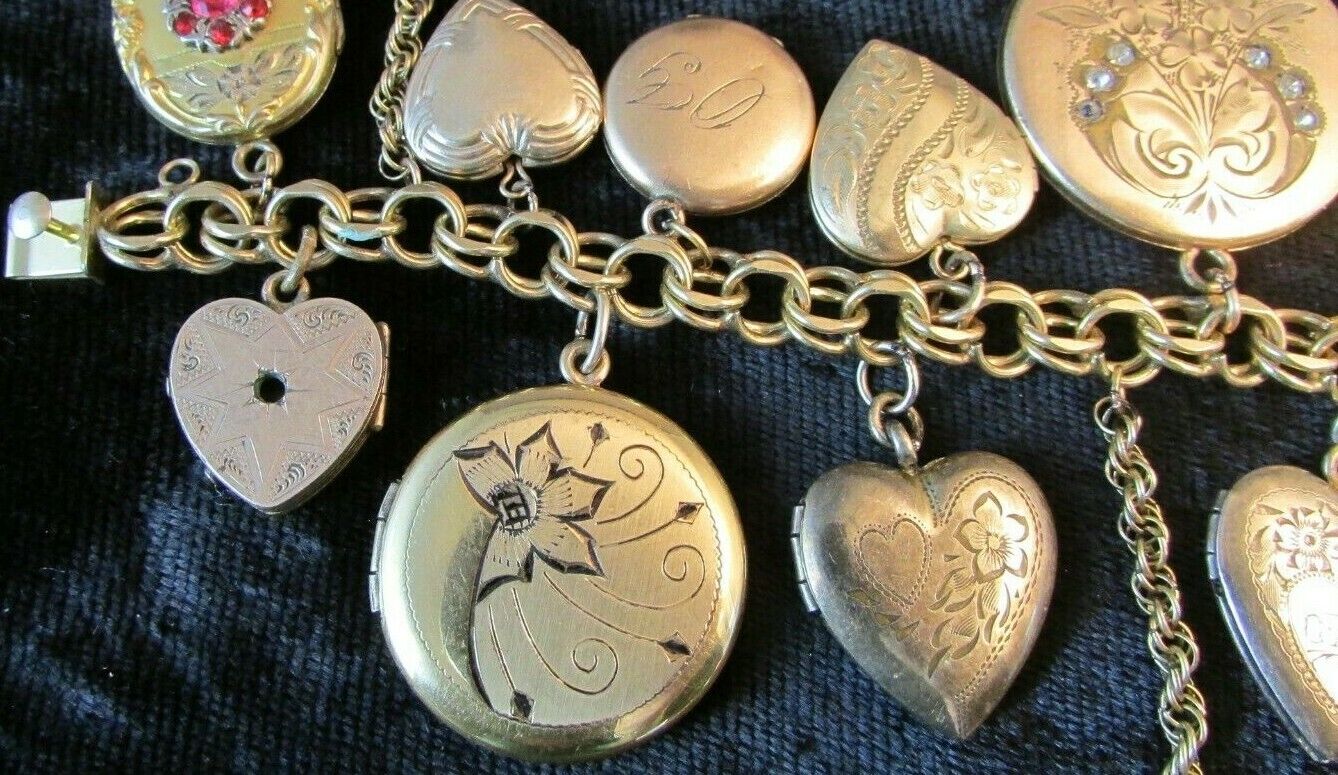 RARE 1800's Gold Victorian Heart Locket Charm bracelet 18 Lockets 88.7 grams