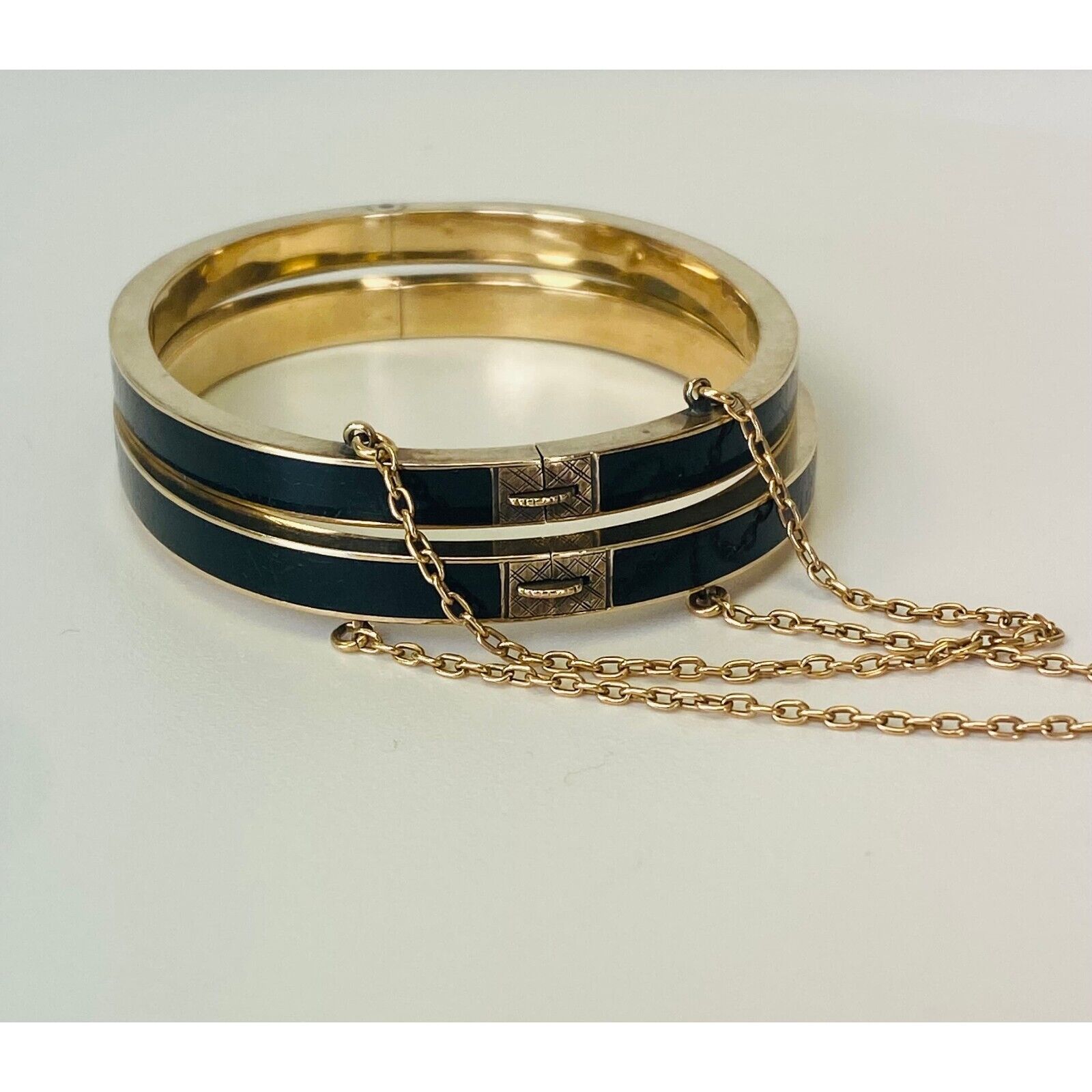 1800s 10k Yellow Gold Antique Victorian Wedding Bracelets Bangles black enamel