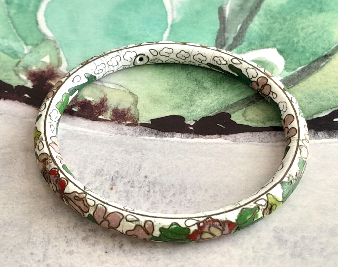 Antique 1900's Cloisonne Bangle Bracelet White/Multi Floral w/ Firing Holes