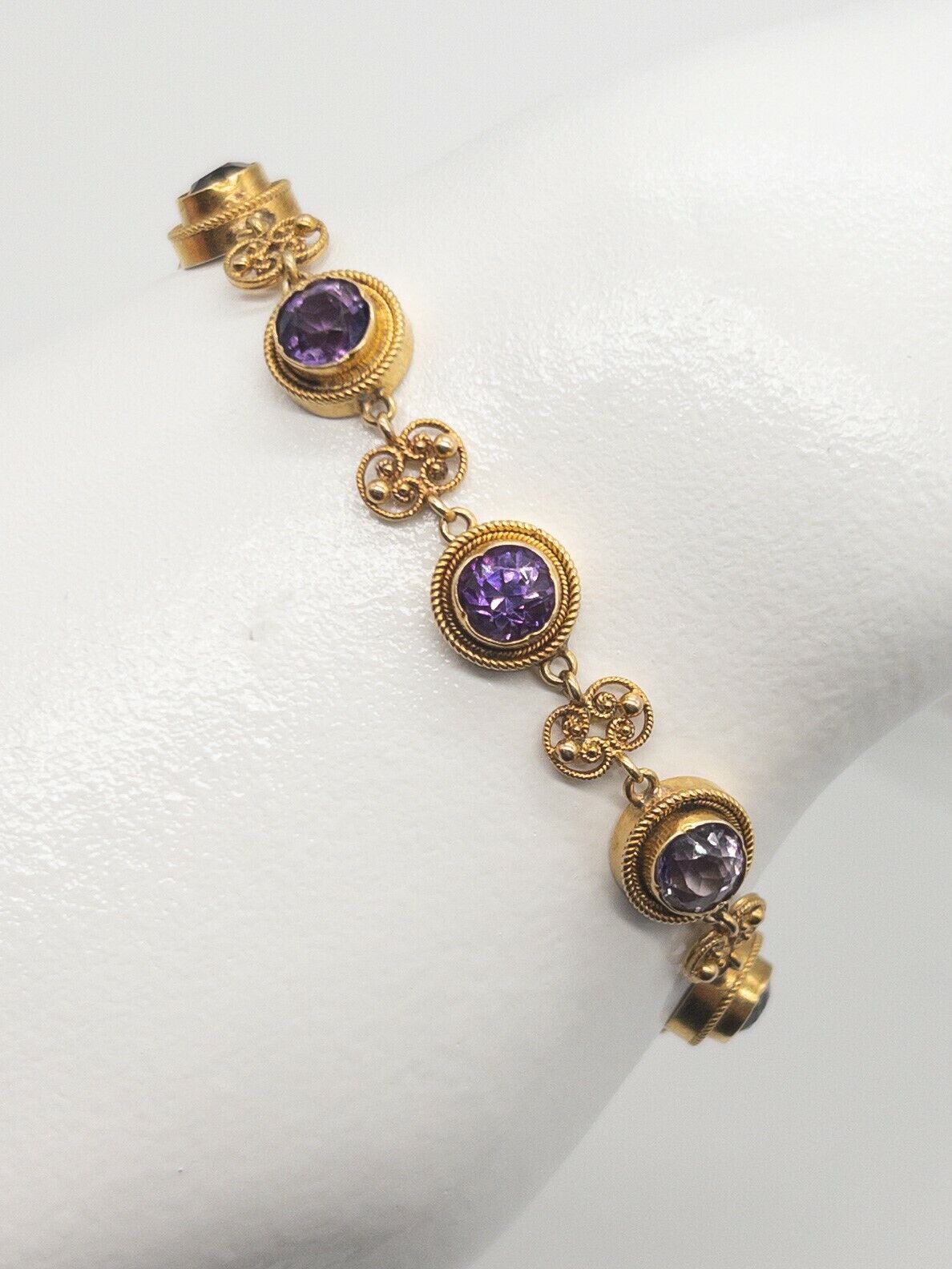 Antique Etruscan 1900s $4000 10ct Amethyst 14k Yellow Gold 8" Bracelet 14g RARE