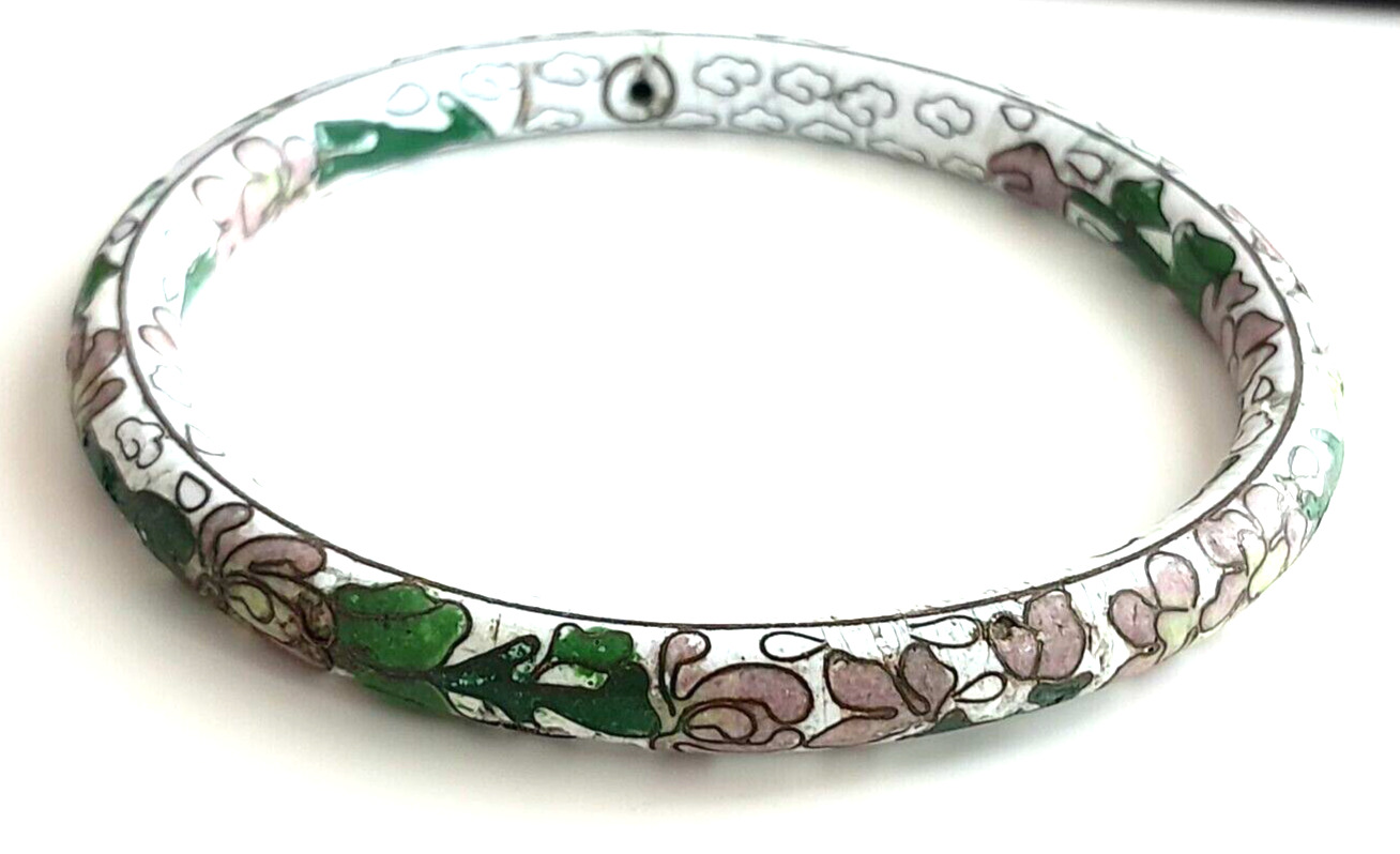 Antique 1900's Cloisonne Bangle Bracelet White/Multi Floral w/ Firing Holes