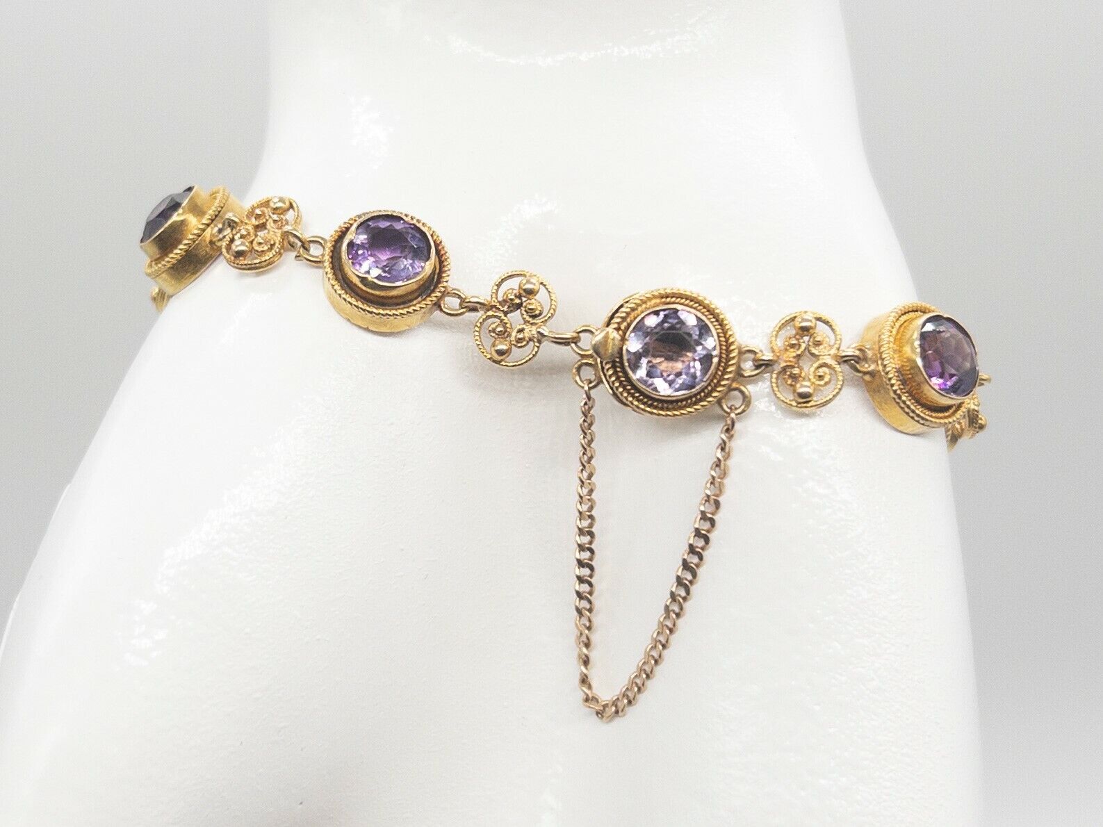 Antique Etruscan 1900s $4000 10ct Amethyst 14k Yellow Gold 8" Bracelet 14g RARE