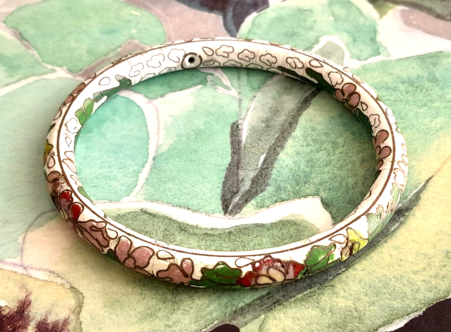 Antique 1900's Cloisonne Bangle Bracelet White/Multi Floral w/ Firing Holes