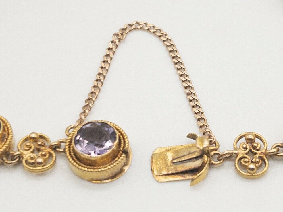 Antique Etruscan 1900s $4000 10ct Amethyst 14k Yellow Gold 8" Bracelet 14g RARE