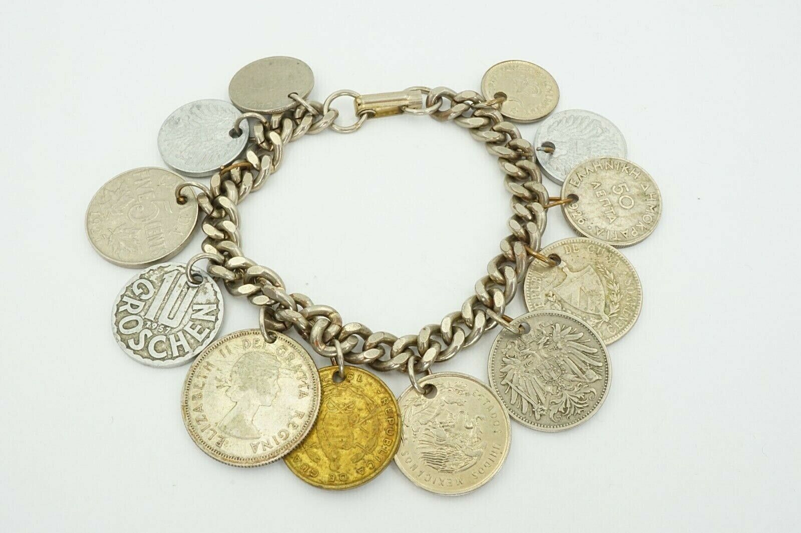 Vintage Mid 1900s Canada Austria Pakistan World Coin Bracelet 7.5"