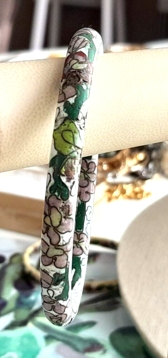 Antique 1900's Cloisonne Bangle Bracelet White/Multi Floral w/ Firing Holes
