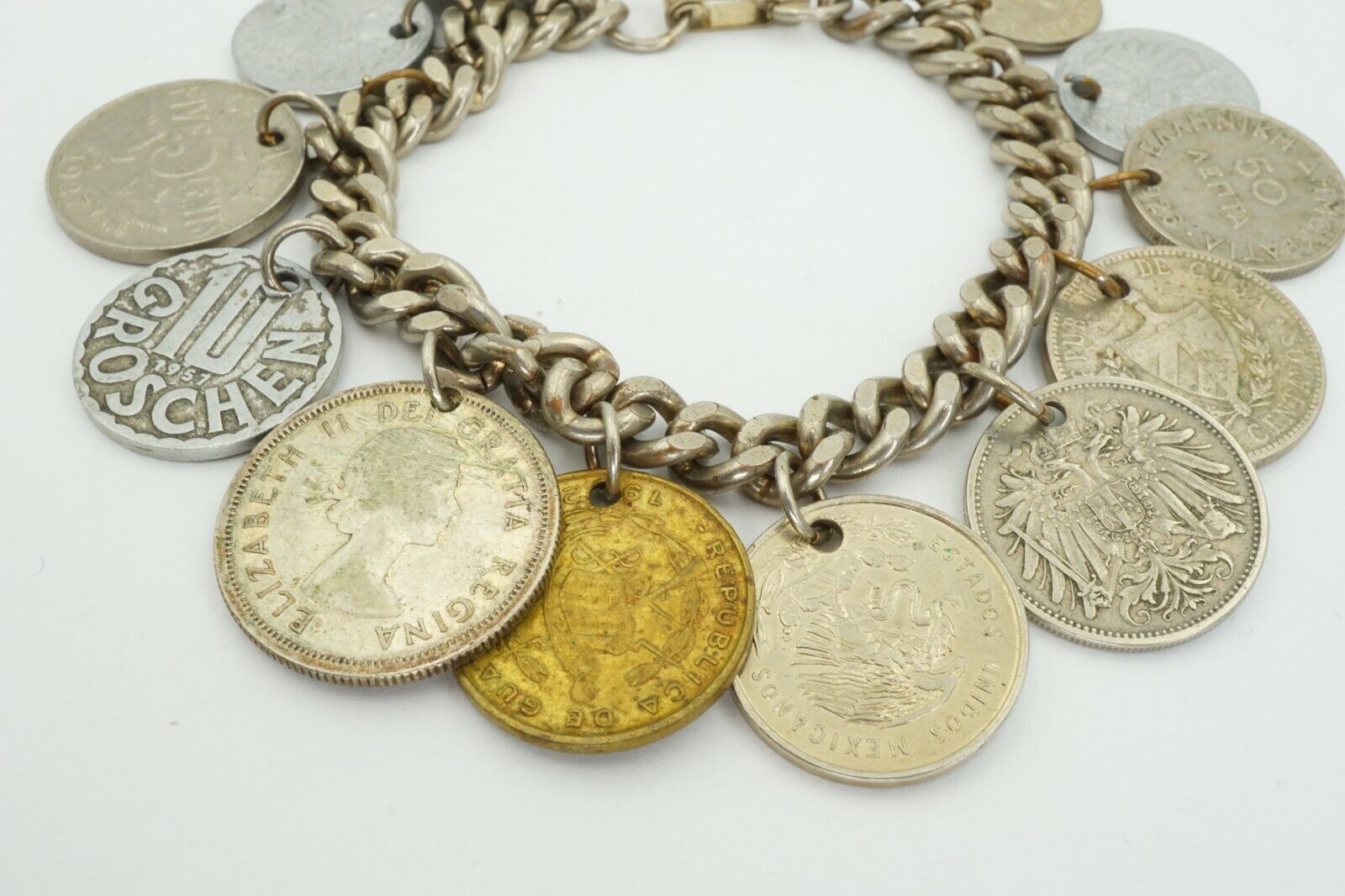 Vintage Mid 1900s Canada Austria Pakistan World Coin Bracelet 7.5"