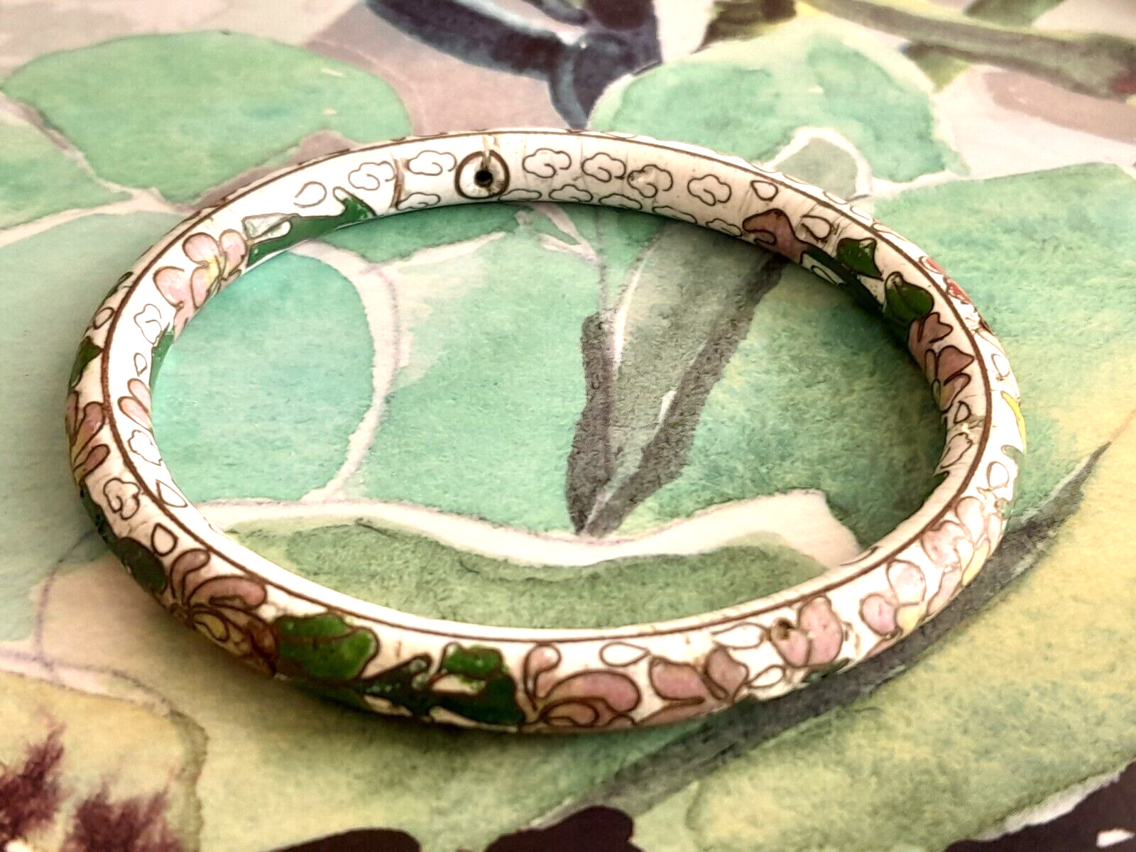Antique 1900's Cloisonne Bangle Bracelet White/Multi Floral w/ Firing Holes
