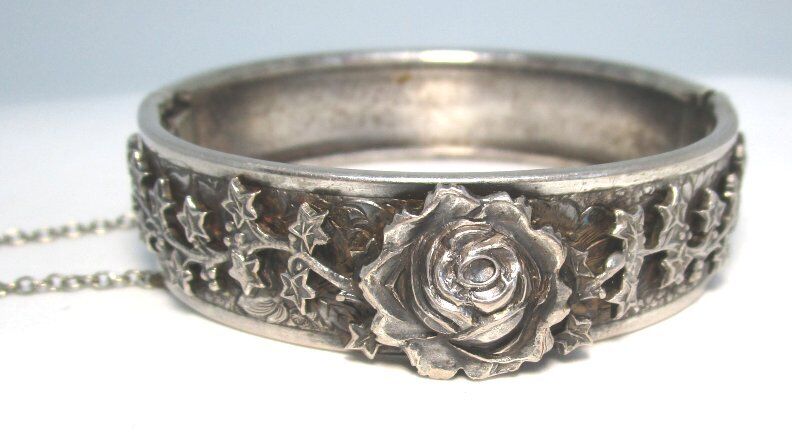 Antique Silver Plate Bangle Bracelet with Safety Chain 28.1 grams  Early 1900’s