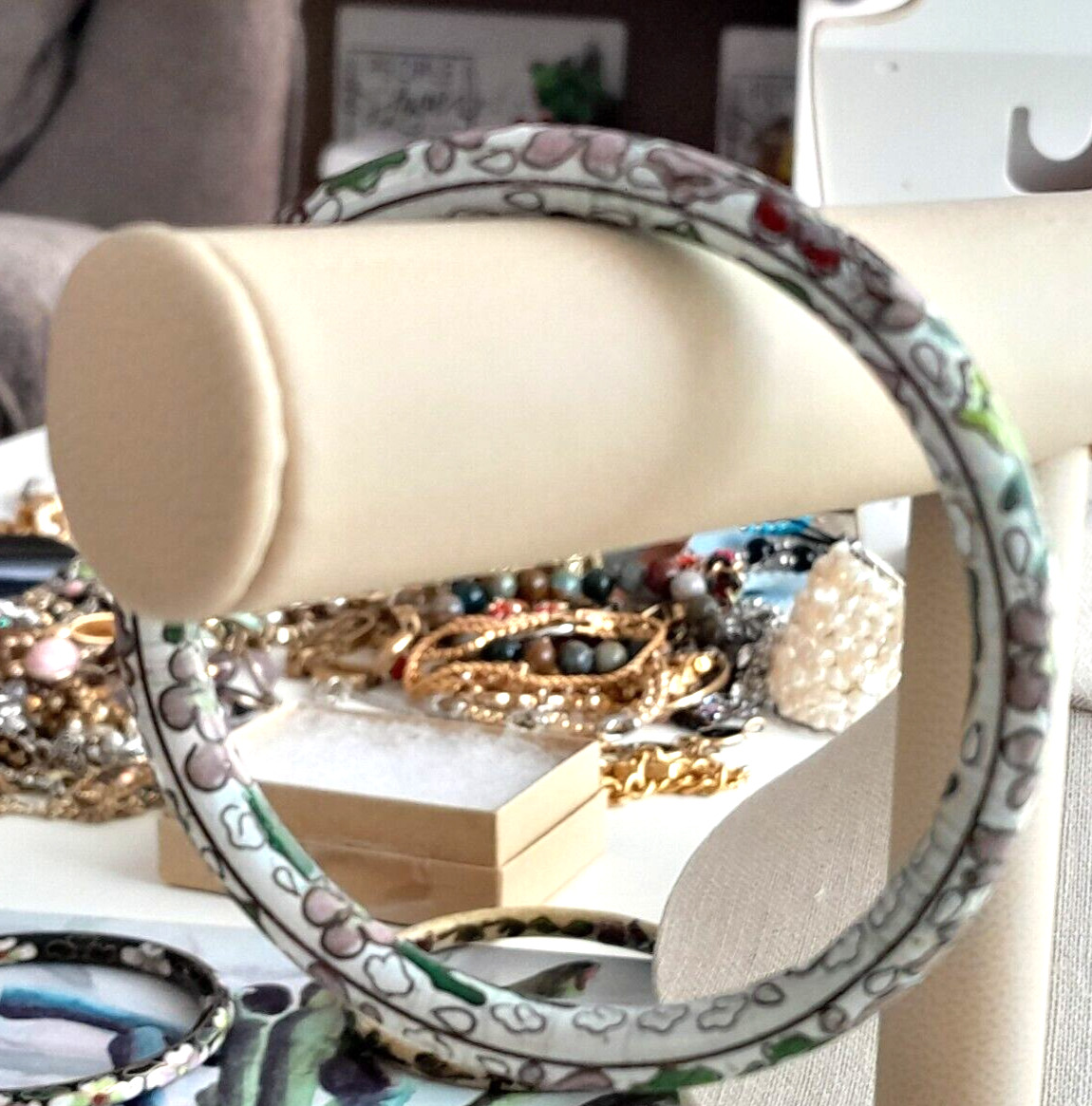 Antique 1900's Cloisonne Bangle Bracelet White/Multi Floral w/ Firing Holes