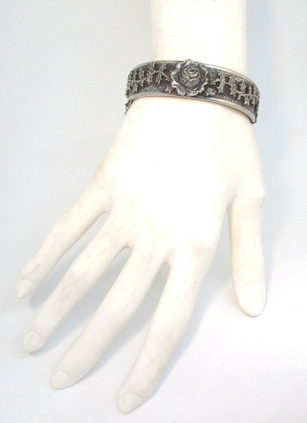 Antique Silver Plate Bangle Bracelet with Safety Chain 28.1 grams  Early 1900’s