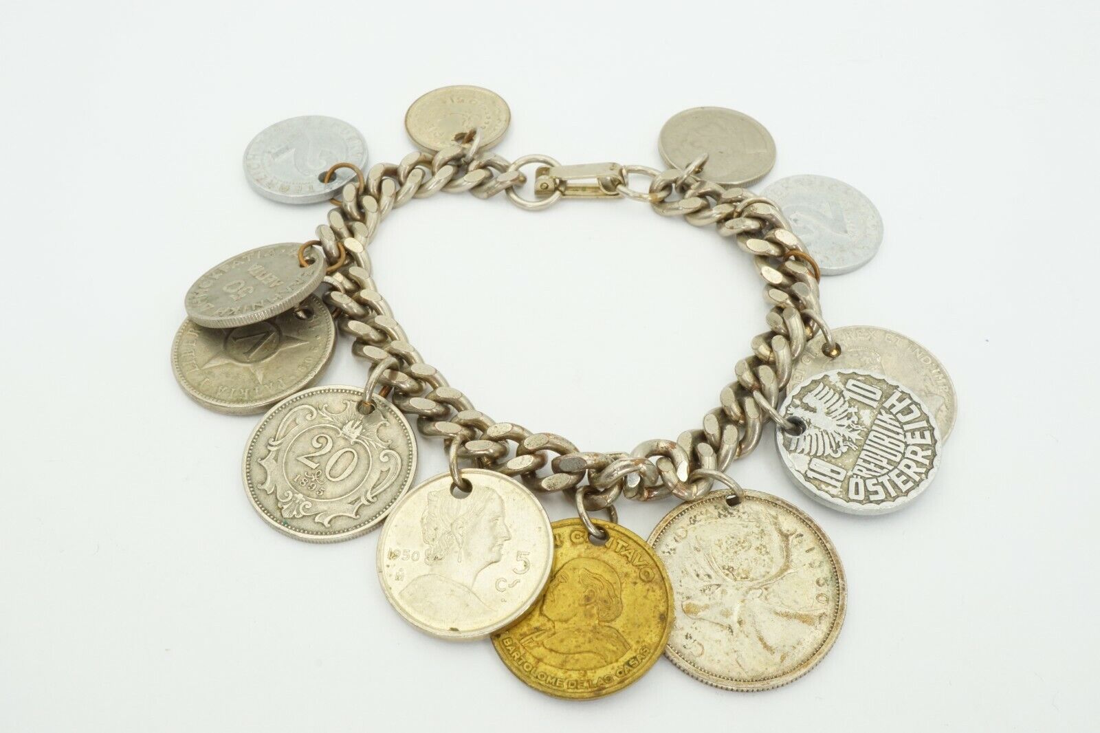 Vintage Mid 1900s Canada Austria Pakistan World Coin Bracelet 7.5"
