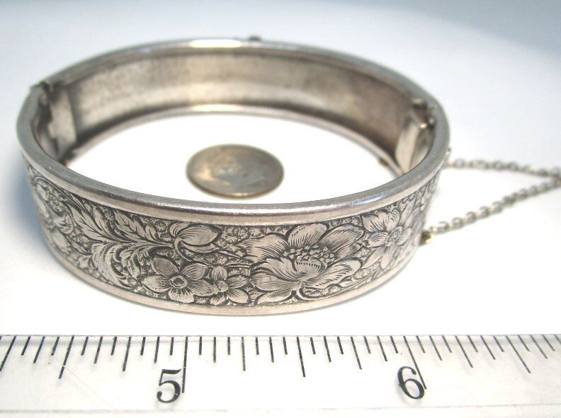 Antique Silver Plate Bangle Bracelet with Safety Chain 28.1 grams  Early 1900’s