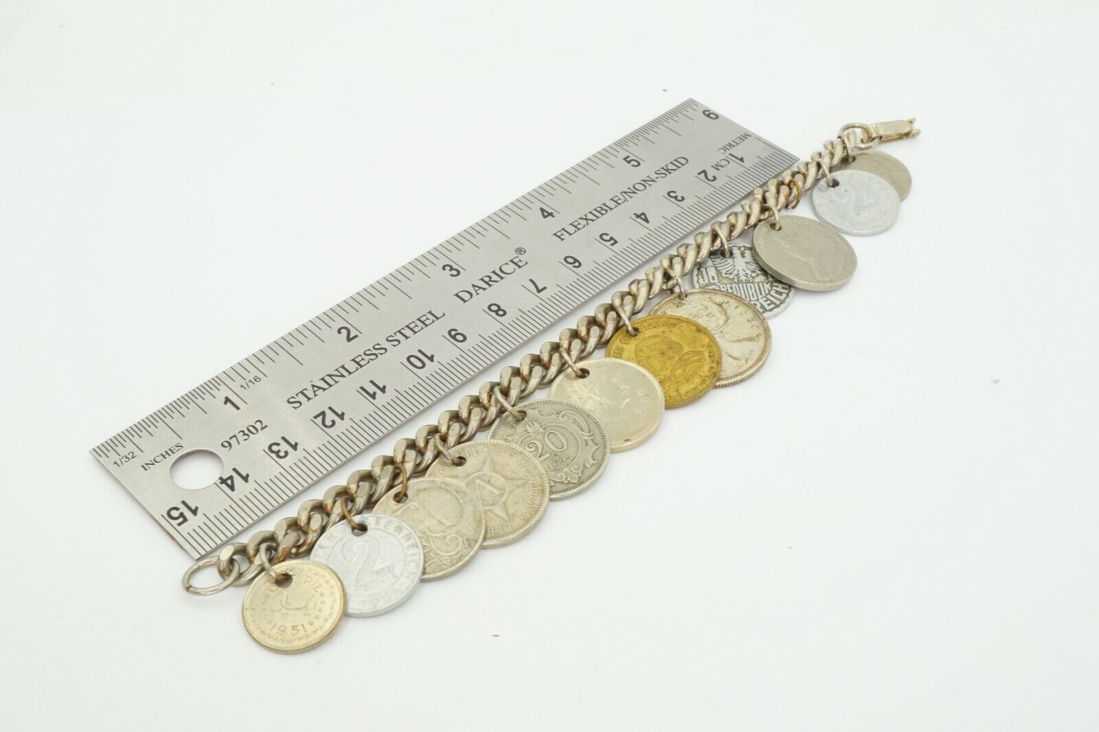 Vintage Mid 1900s Canada Austria Pakistan World Coin Bracelet 7.5"