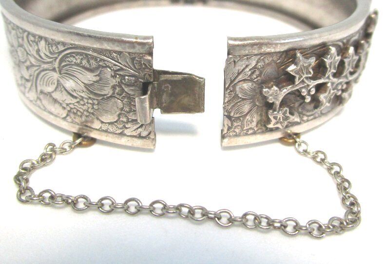 Antique Silver Plate Bangle Bracelet with Safety Chain 28.1 grams  Early 1900’s