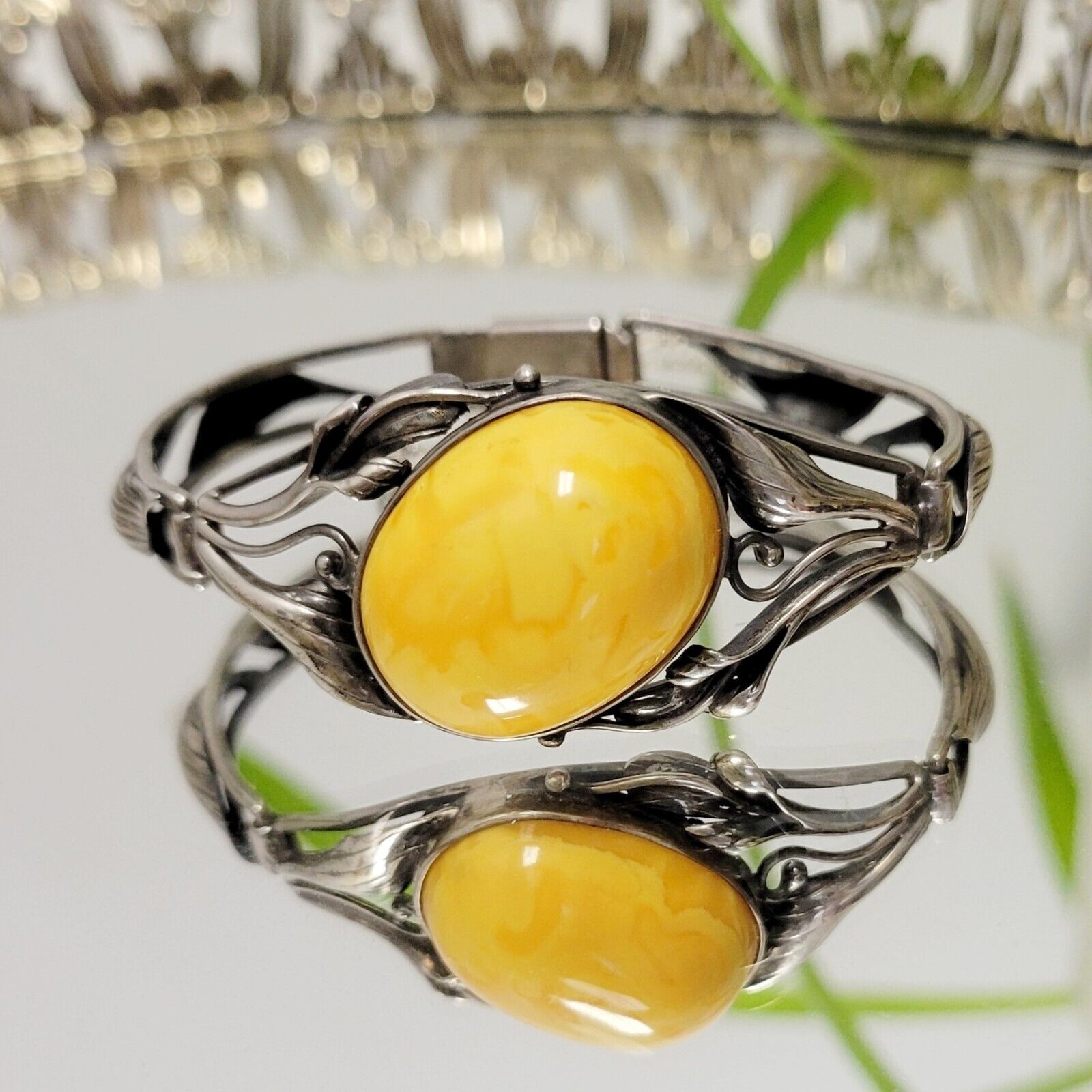 Vintage Art Nouveau Egg Yolk Amber Bracelet Sterling Silver Intricate Lily 1900s