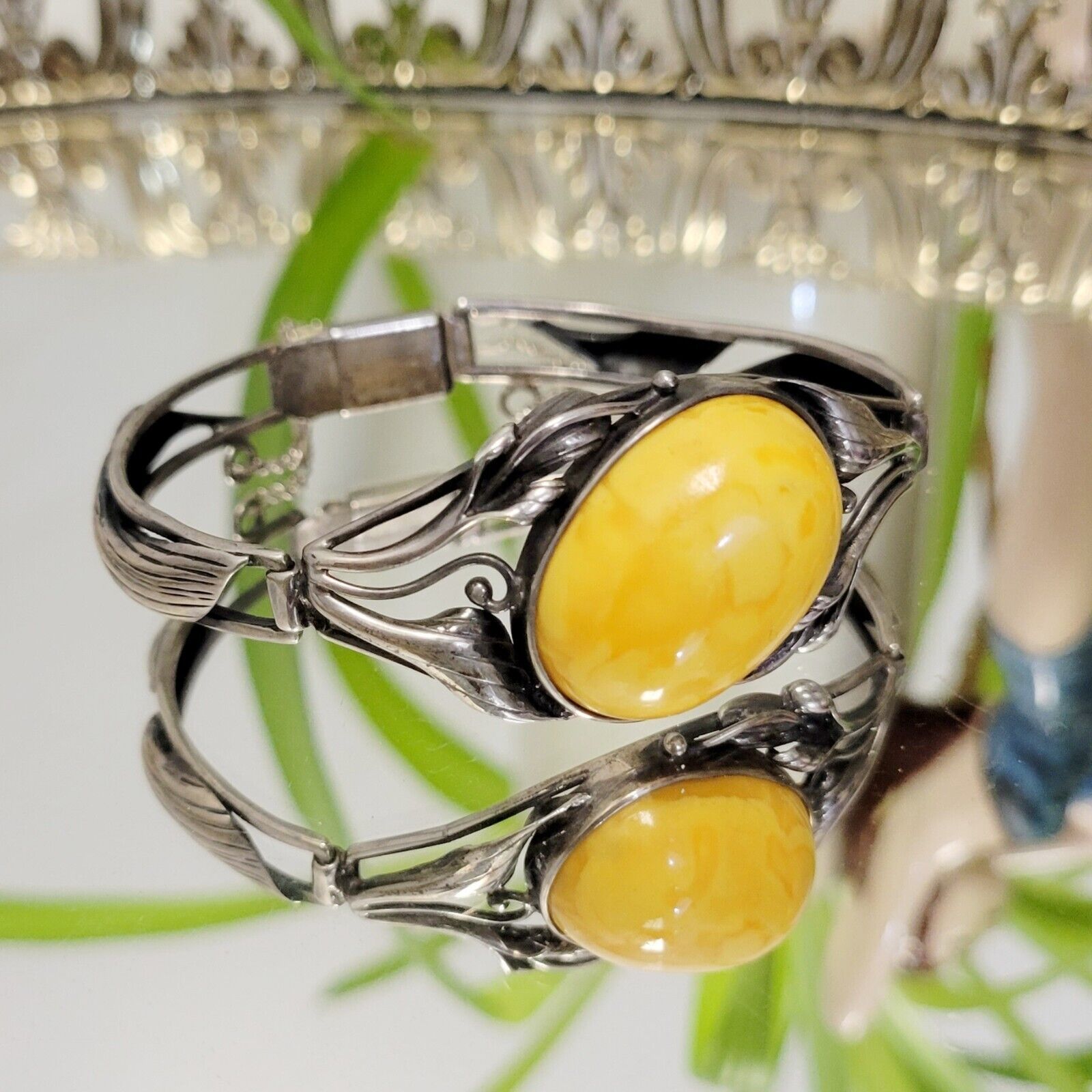Vintage Art Nouveau Egg Yolk Amber Bracelet Sterling Silver Intricate Lily 1900s