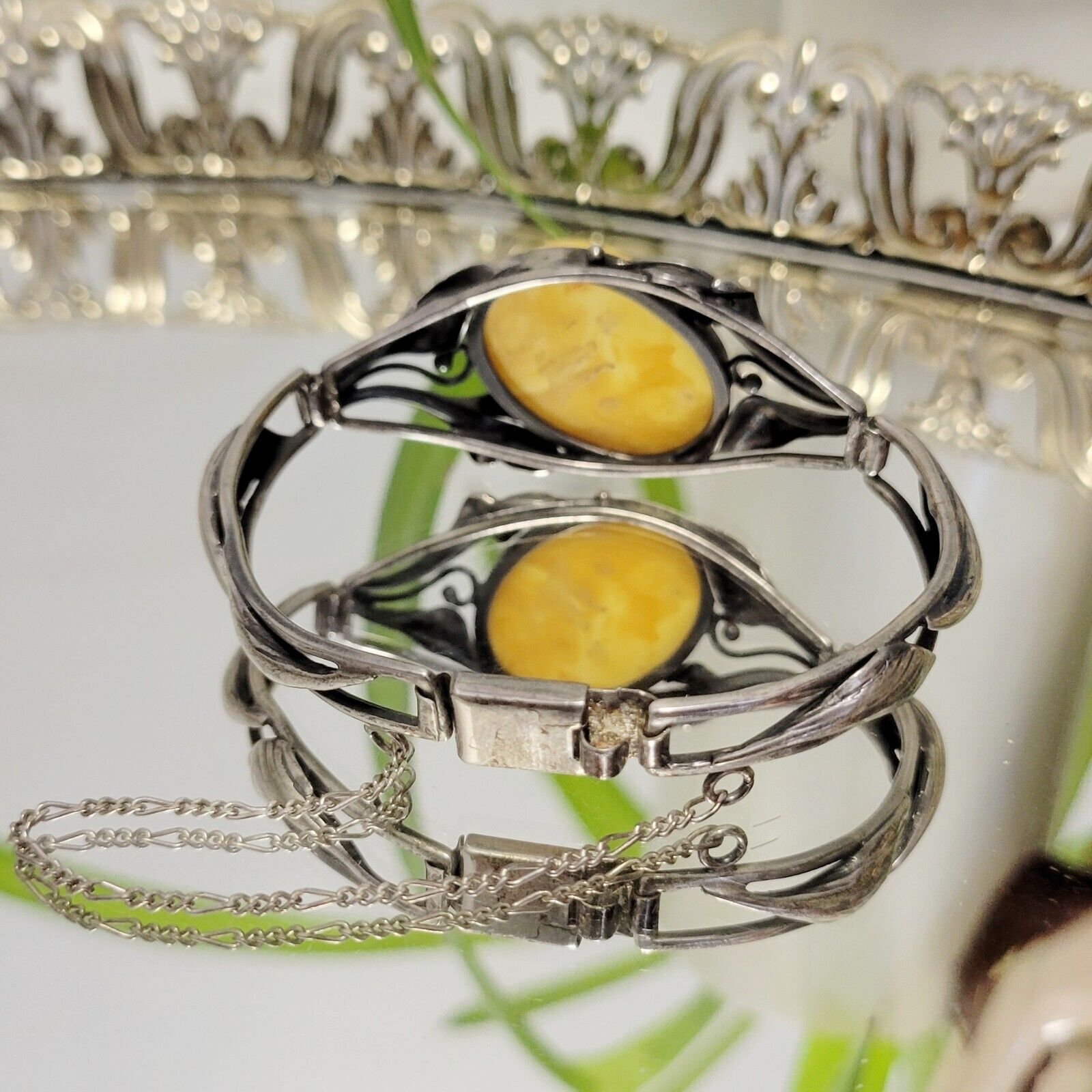 Vintage Art Nouveau Egg Yolk Amber Bracelet Sterling Silver Intricate Lily 1900s