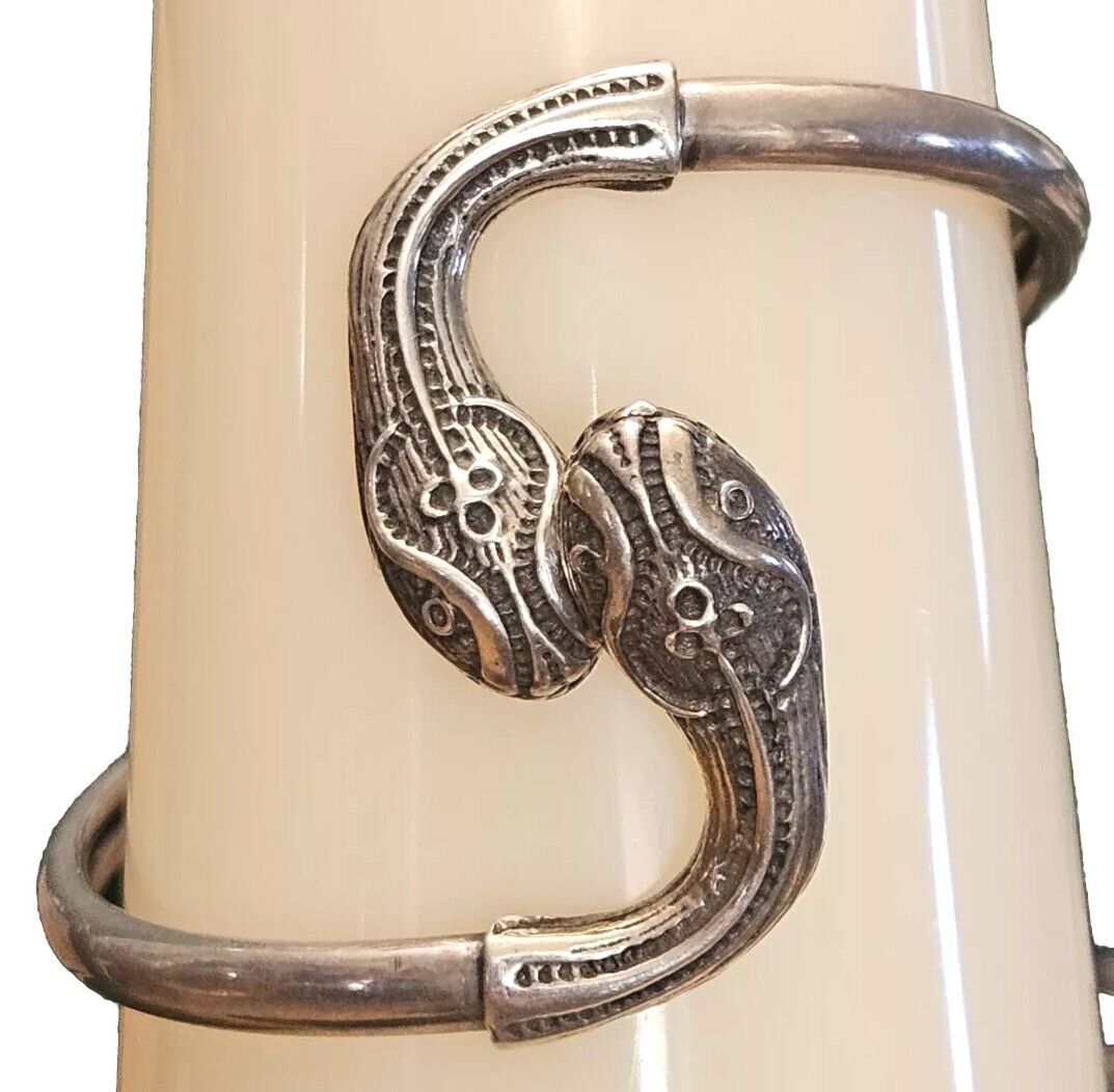 Early 1900s Vintage Mythical Snake Head Bangle Cuff Bracelet Sterling Silver 925