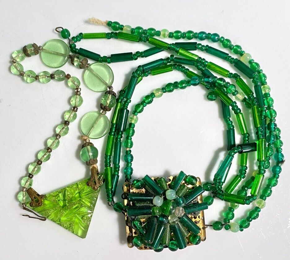 Early 1900s Green Glass Beaded Jewelry Parts Clasp Pendant Germany Bracelet