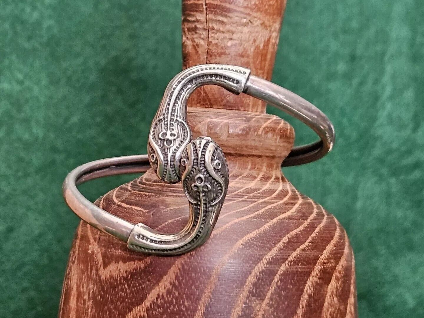 Early 1900s Vintage Mythical Snake Head Bangle Cuff Bracelet Sterling Silver 925