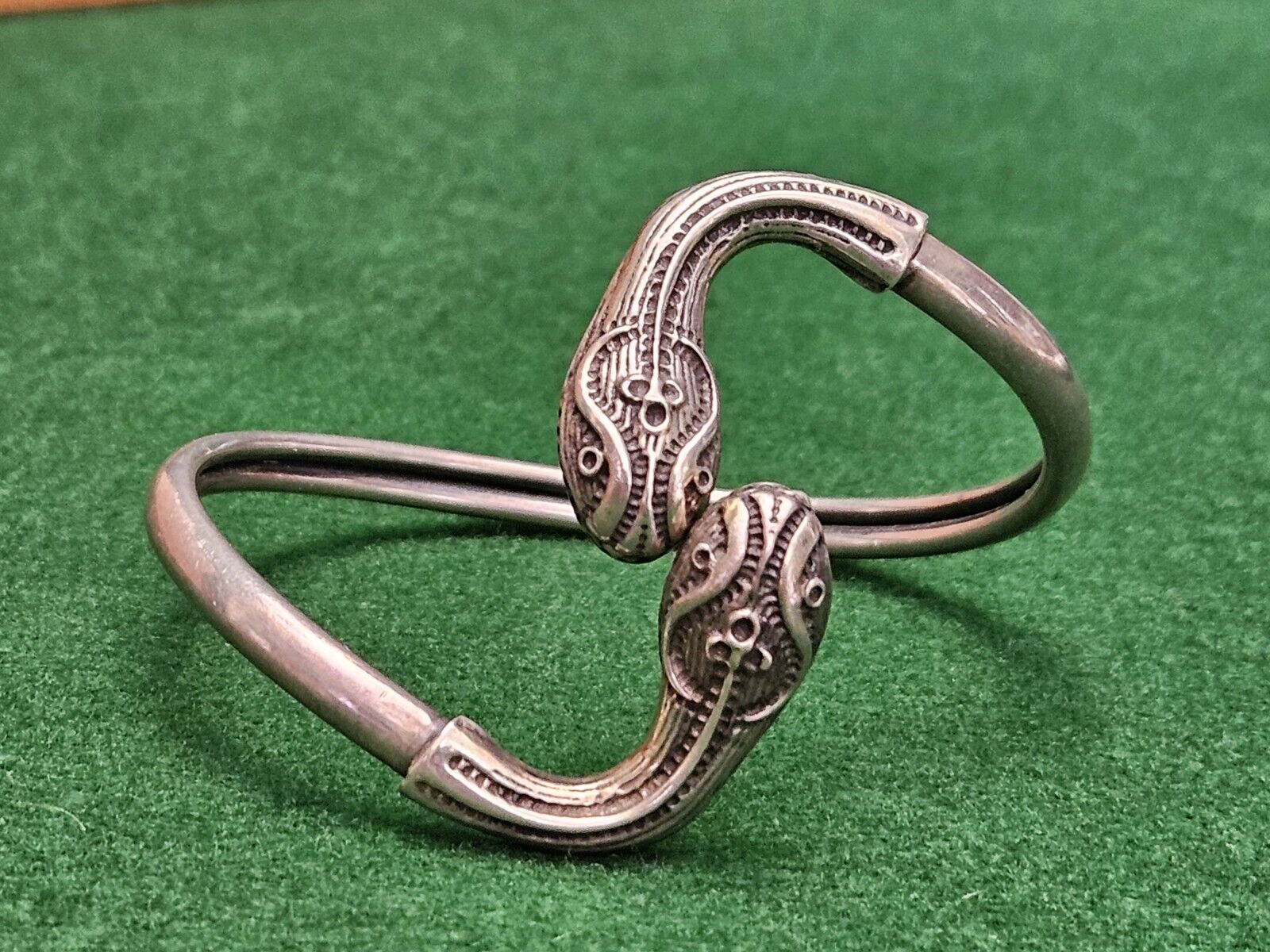 Early 1900s Vintage Mythical Snake Head Bangle Cuff Bracelet Sterling Silver 925