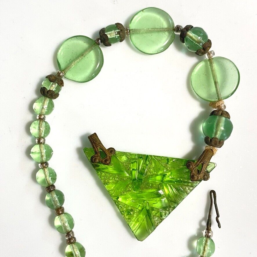 Early 1900s Green Glass Beaded Jewelry Parts Clasp Pendant Germany Bracelet