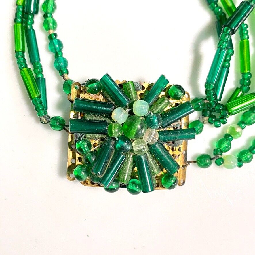 Early 1900s Green Glass Beaded Jewelry Parts Clasp Pendant Germany Bracelet