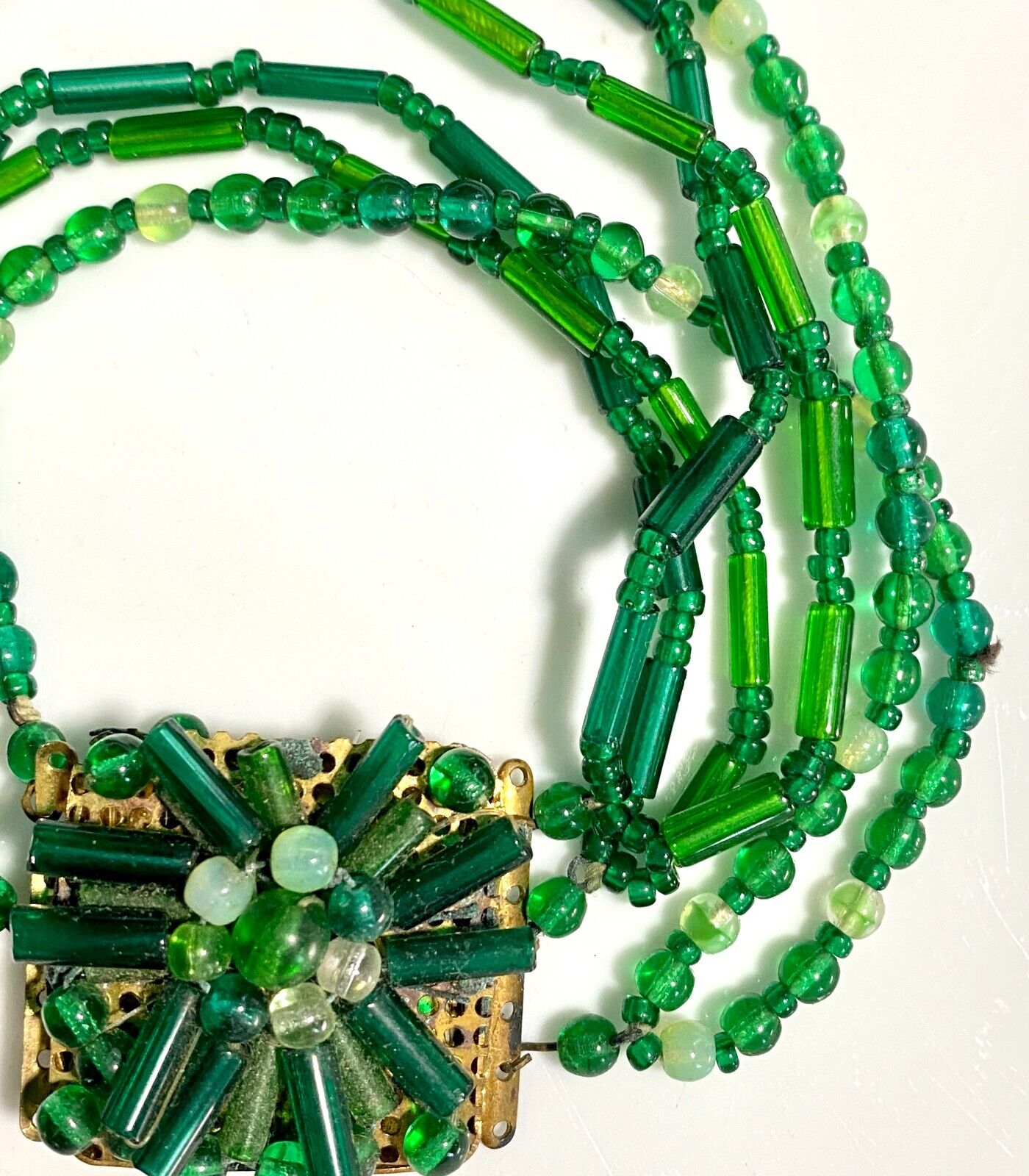 Early 1900s Green Glass Beaded Jewelry Parts Clasp Pendant Germany Bracelet