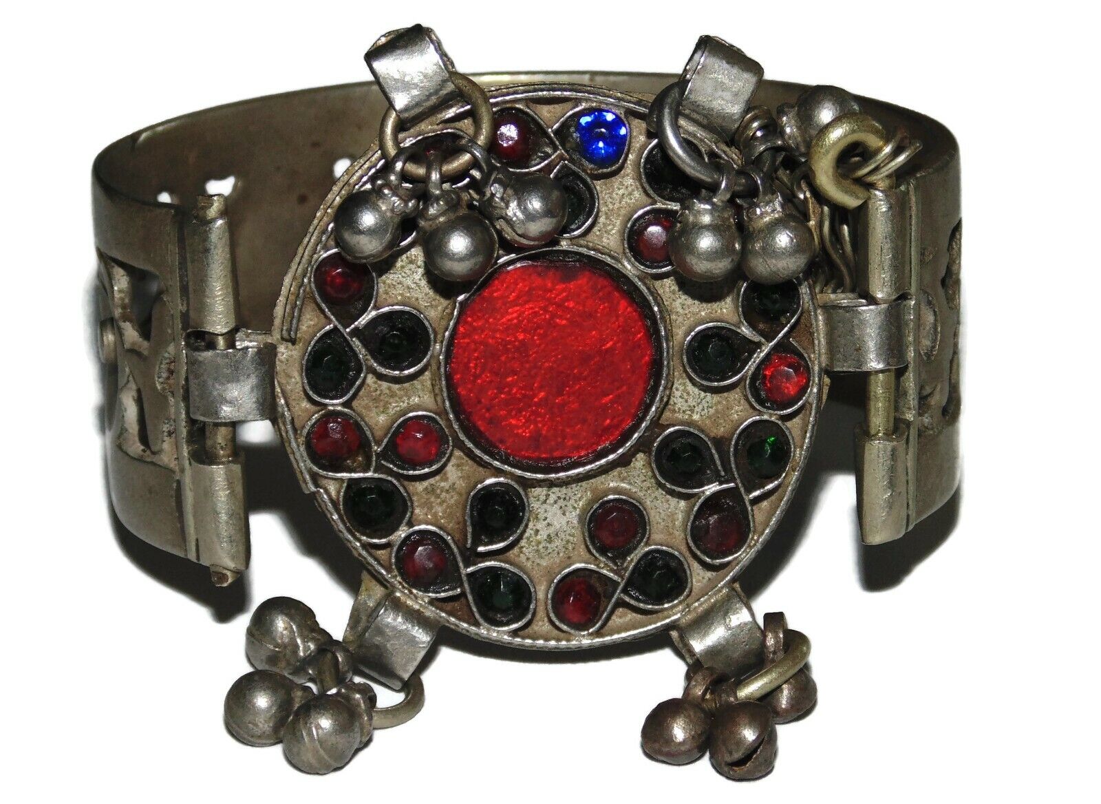 Antique Ethnic Early 1900's Ornate Silver Dangle Balls Vintage Cuff Bracelet