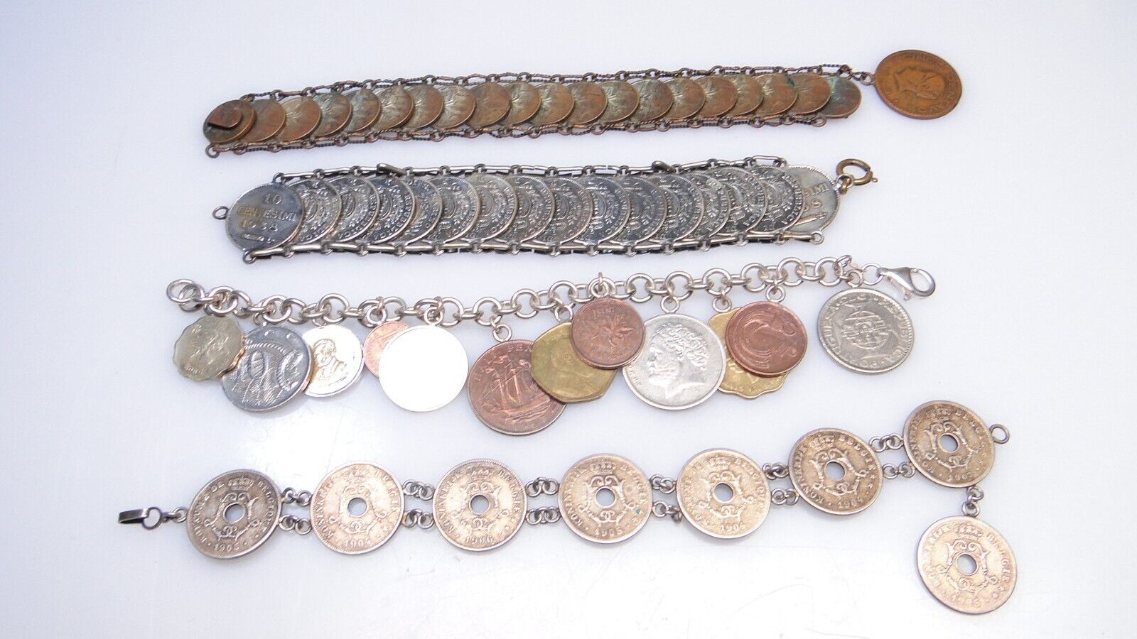 Vintage Coin Bracelets 1900s Silver 40s Foreign Coins 4pc Bracelet Lot
