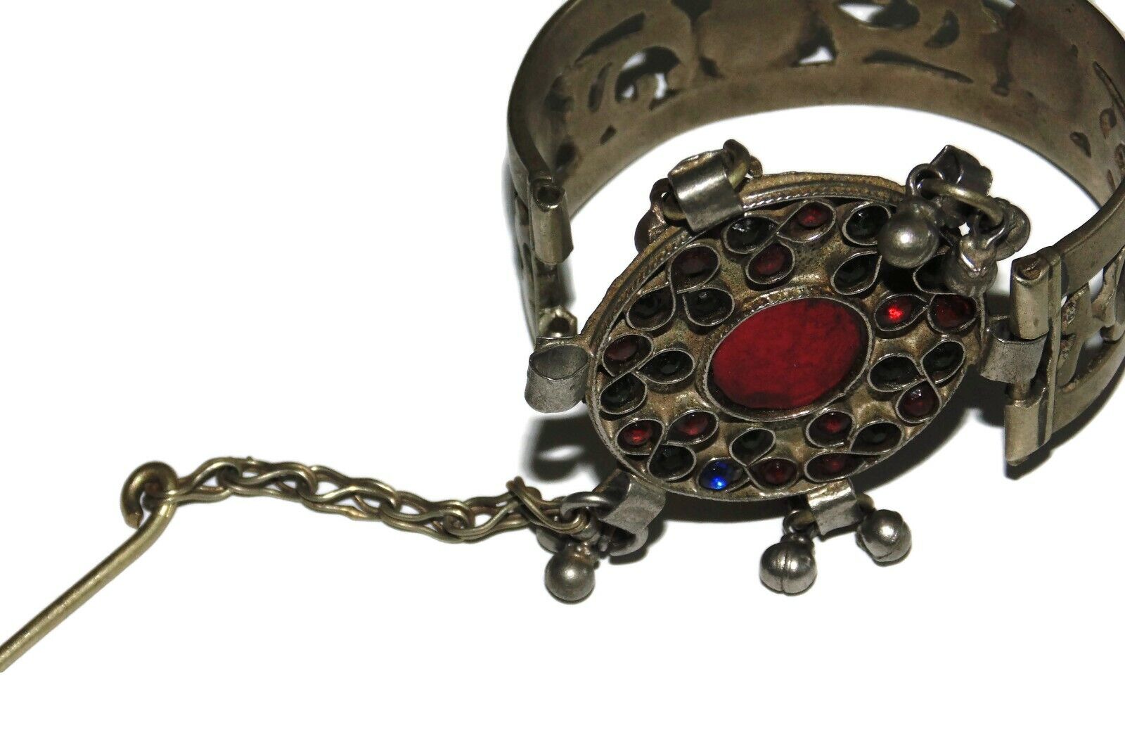 Antique Ethnic Early 1900's Ornate Silver Dangle Balls Vintage Cuff Bracelet