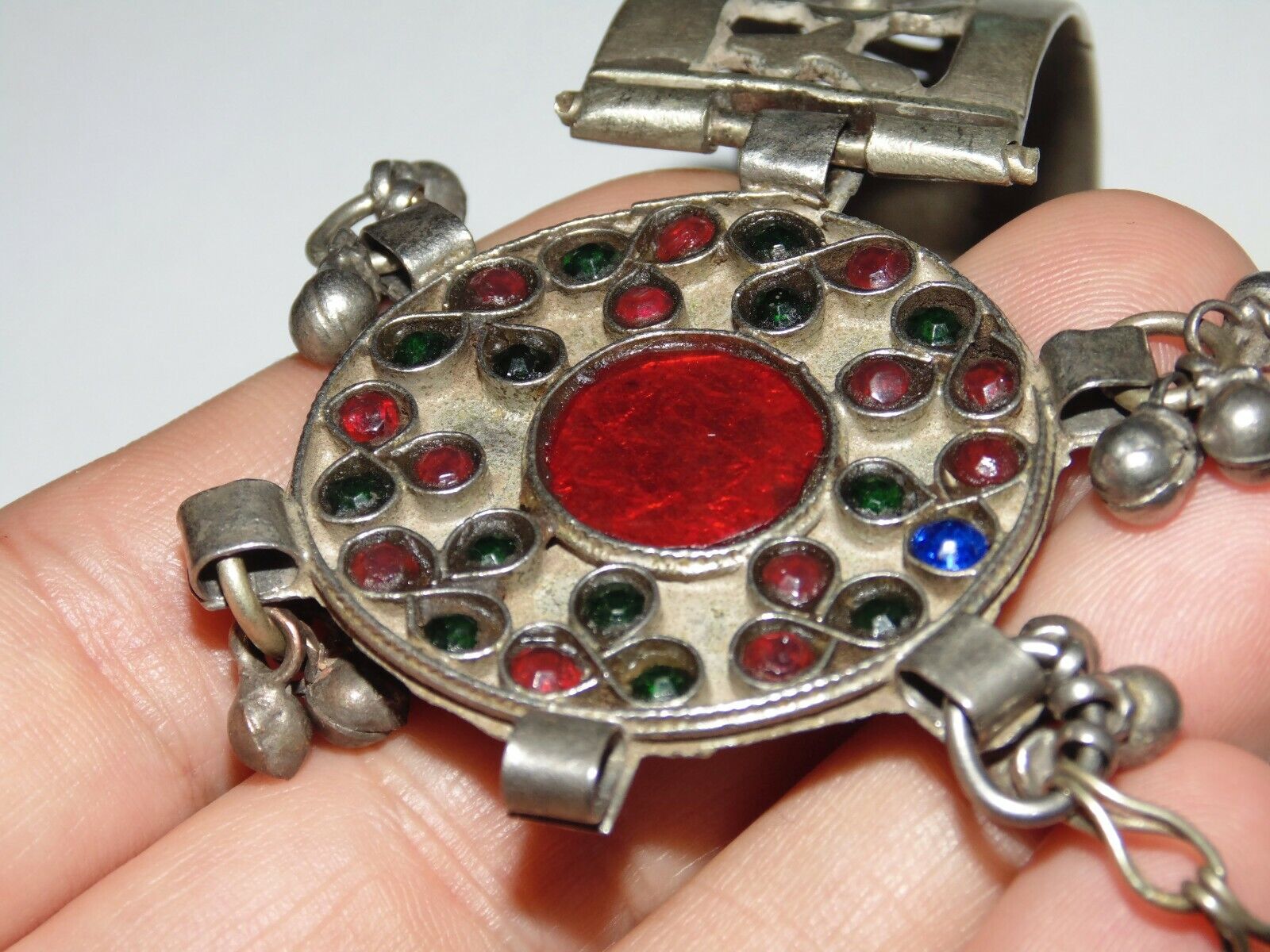 Antique Ethnic Early 1900's Ornate Silver Dangle Balls Vintage Cuff Bracelet