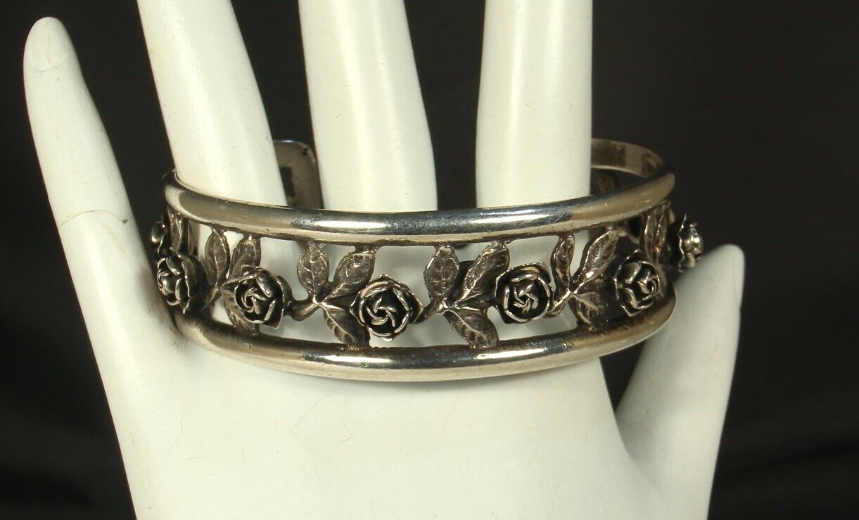 1900s PERUZZI Set Art Nouveau Silver Cuff Bracelet Earrings FLORENCE Italy Roses