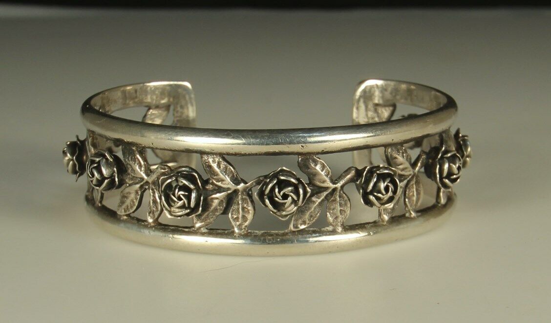 1900s PERUZZI Set Art Nouveau Silver Cuff Bracelet Earrings FLORENCE Italy Roses