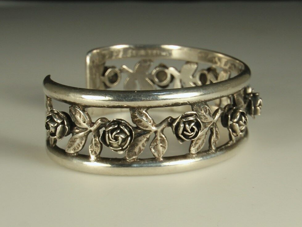 1900s PERUZZI Set Art Nouveau Silver Cuff Bracelet Earrings FLORENCE Italy Roses