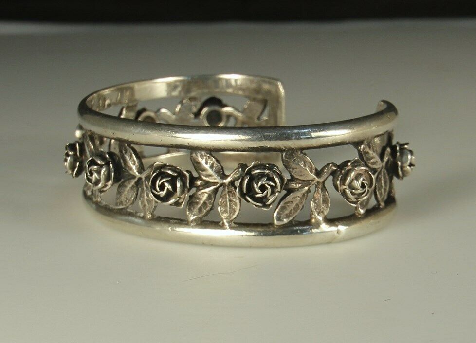 1900s PERUZZI Set Art Nouveau Silver Cuff Bracelet Earrings FLORENCE Italy Roses