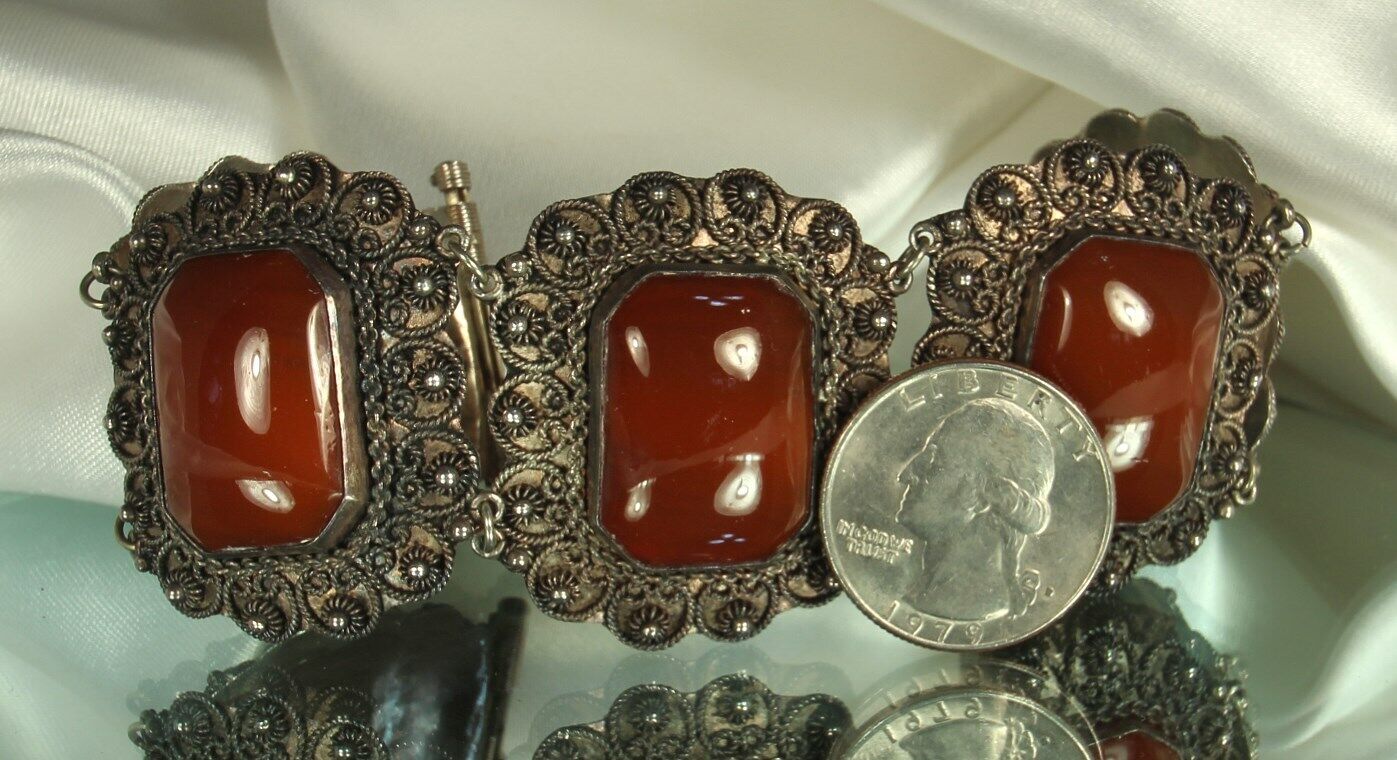 Antique Etruscan Bracelet 1900s 950 STERLING Cannetille 65g CARNELIAN Art Glass
