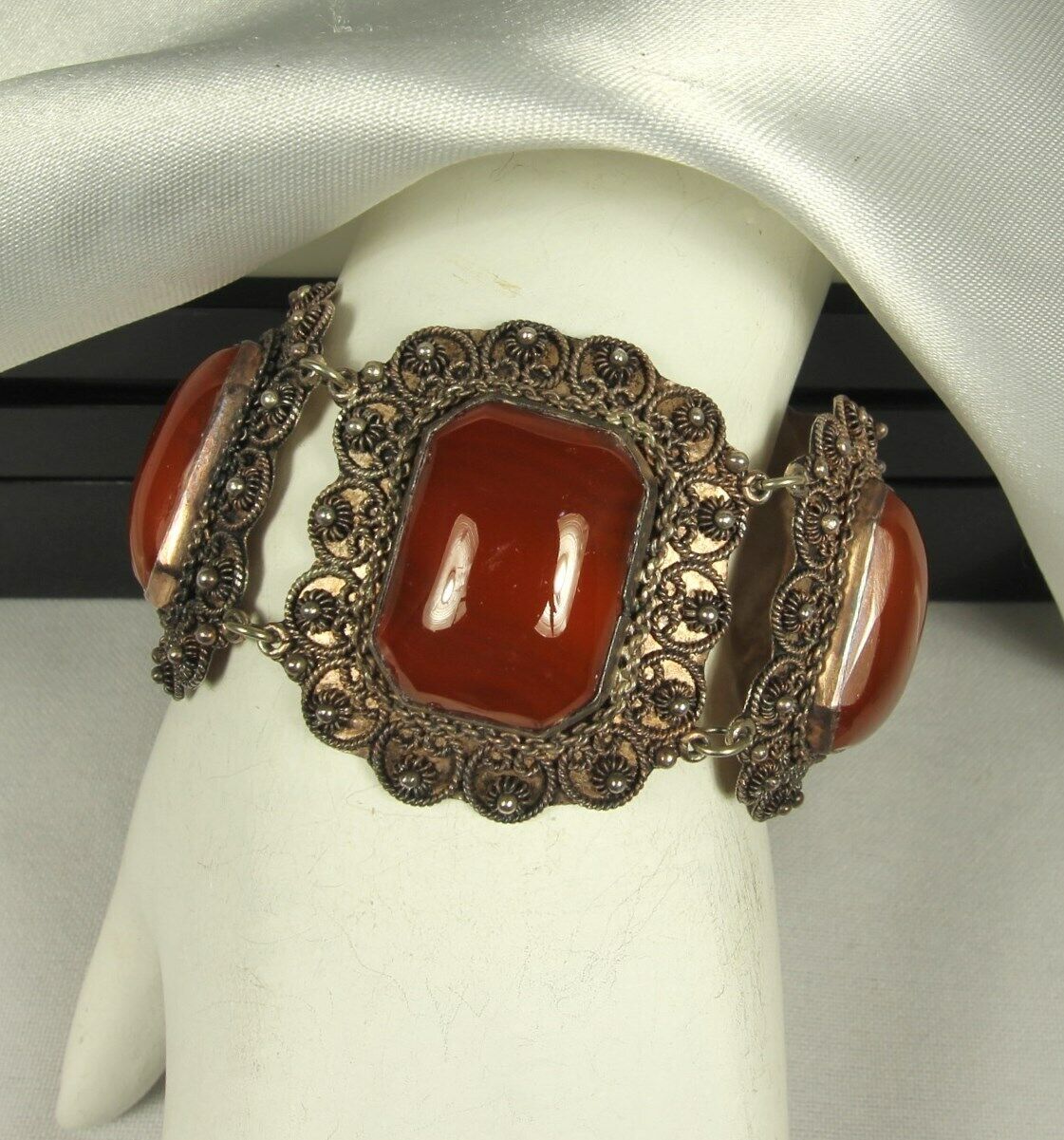 Antique Etruscan Bracelet 1900s 950 STERLING Cannetille 65g CARNELIAN Art Glass