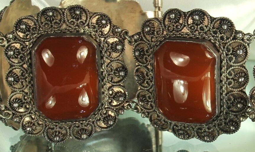 Antique Etruscan Bracelet 1900s 950 STERLING Cannetille 65g CARNELIAN Art Glass