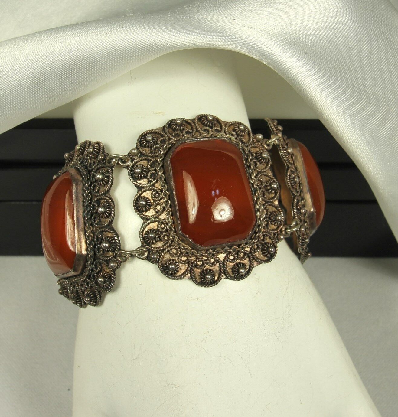 Antique Etruscan Bracelet 1900s 950 STERLING Cannetille 65g CARNELIAN Art Glass