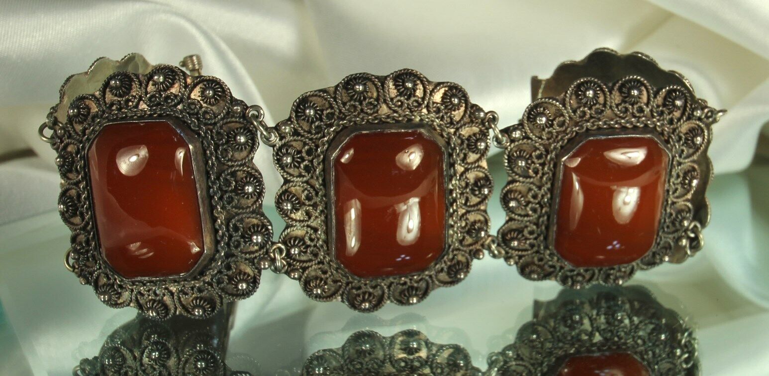 Antique Etruscan Bracelet 1900s 950 STERLING Cannetille 65g CARNELIAN Art Glass