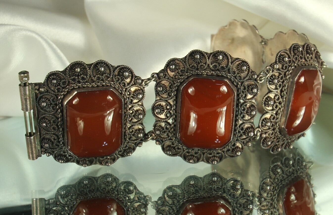 Antique Etruscan Bracelet 1900s 950 STERLING Cannetille 65g CARNELIAN Art Glass