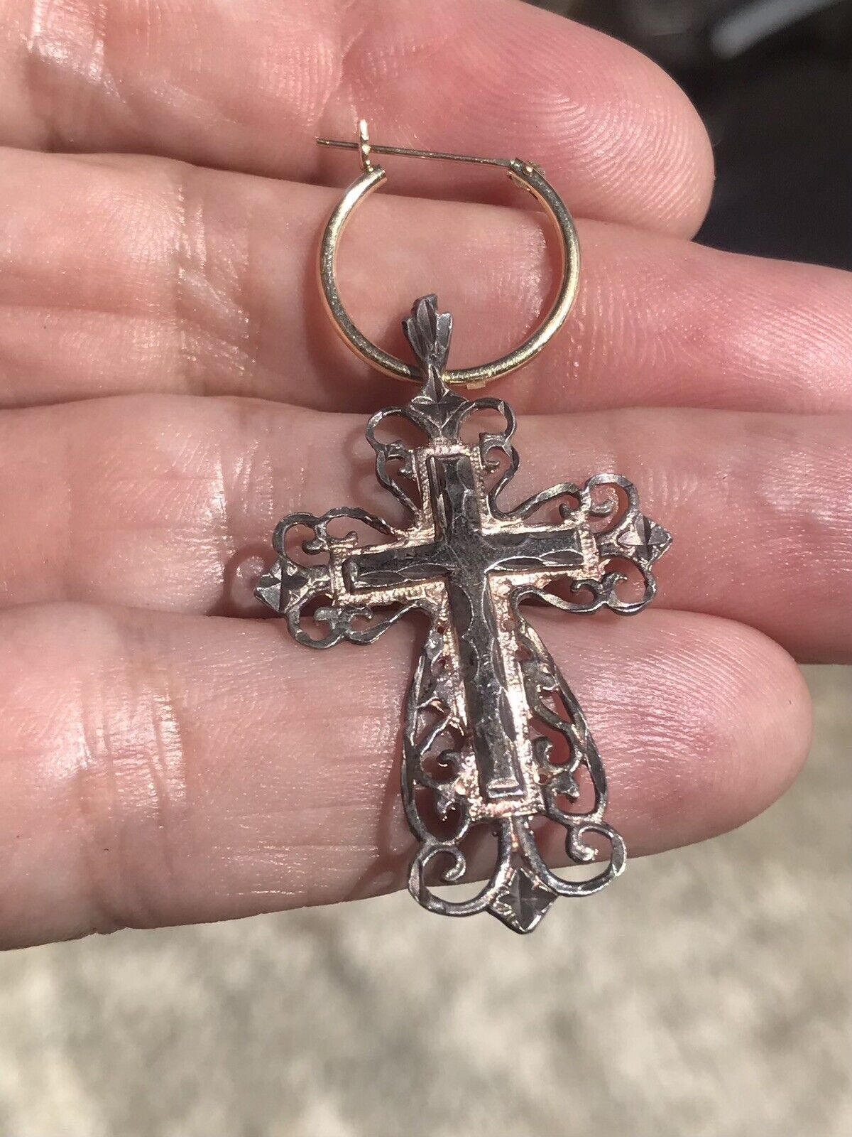 Vintage Late 1800’s Ornate Sterling Cross Pendant & 14k Gold Hoop Earring