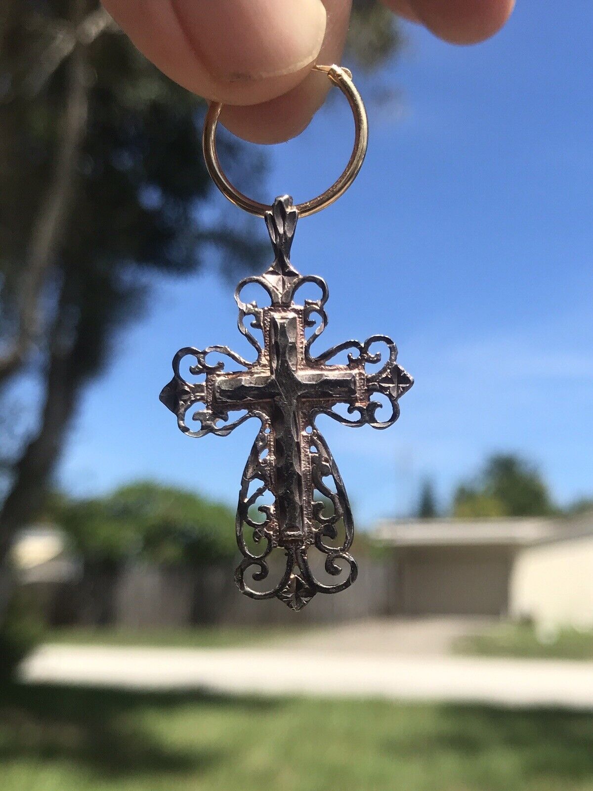 Vintage Late 1800’s Ornate Sterling Cross Pendant & 14k Gold Hoop Earring