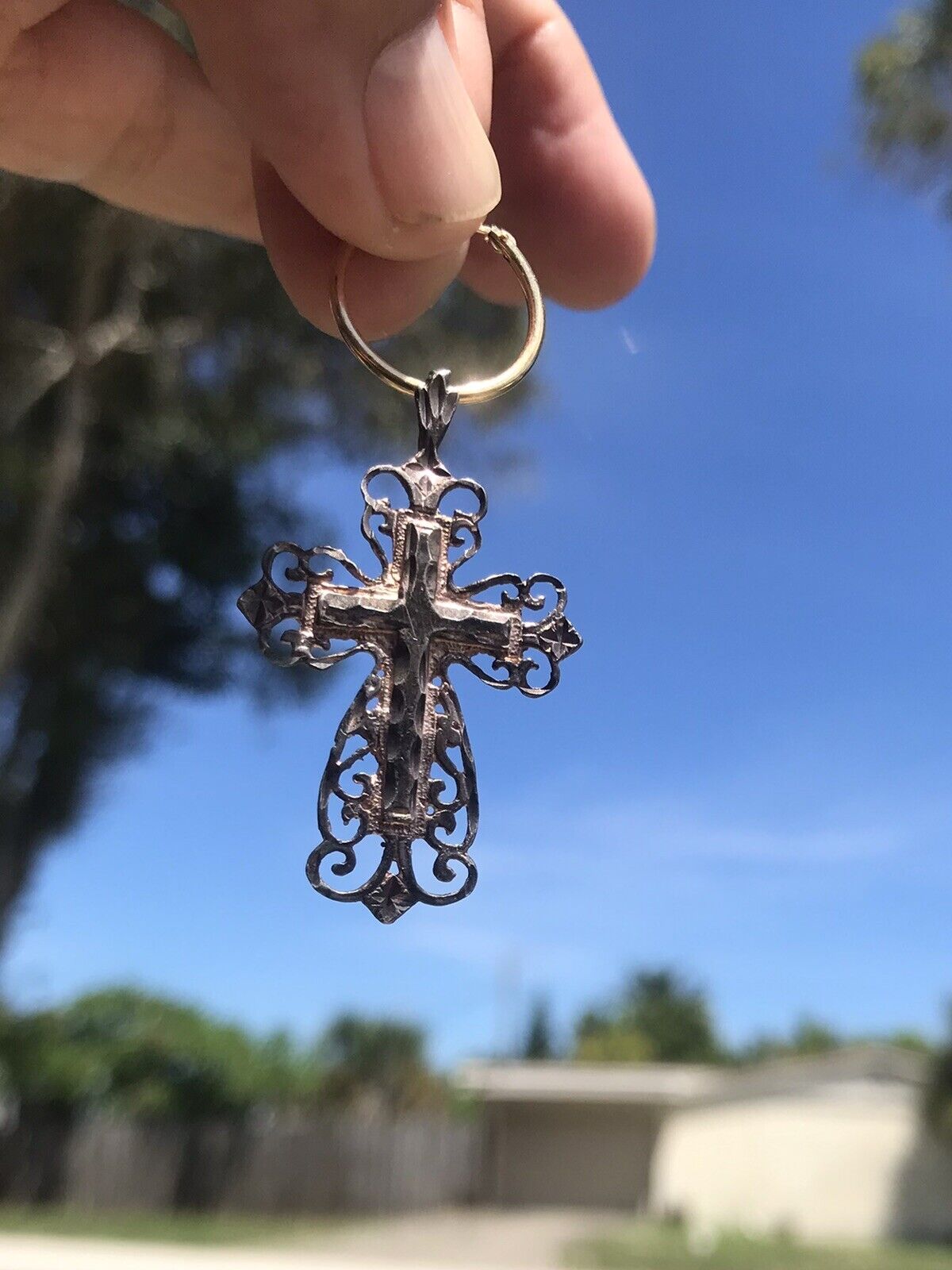 Vintage Late 1800’s Ornate Sterling Cross Pendant & 14k Gold Hoop Earring