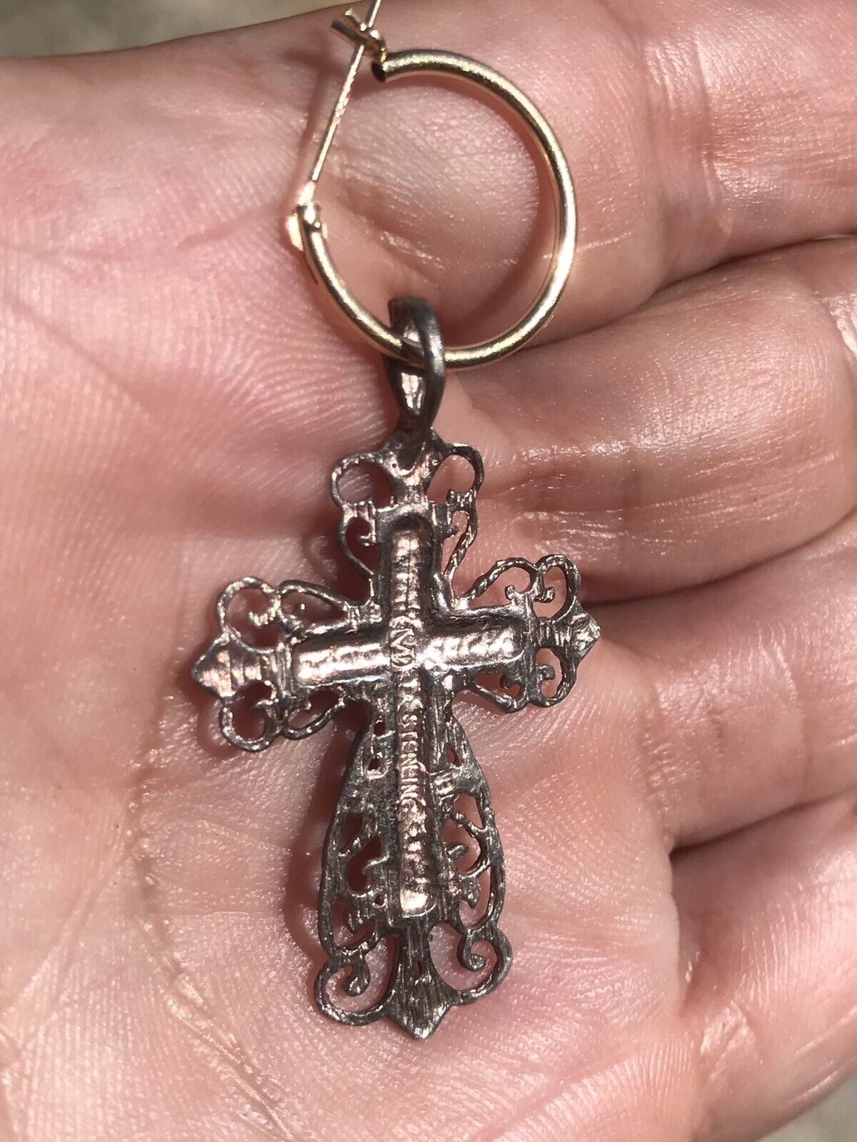 Vintage Late 1800’s Ornate Sterling Cross Pendant & 14k Gold Hoop Earring