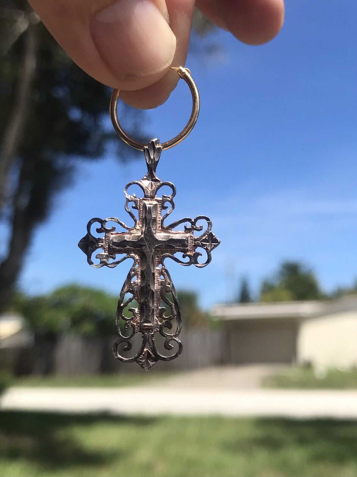 Vintage Late 1800’s Ornate Sterling Cross Pendant & 14k Gold Hoop Earring