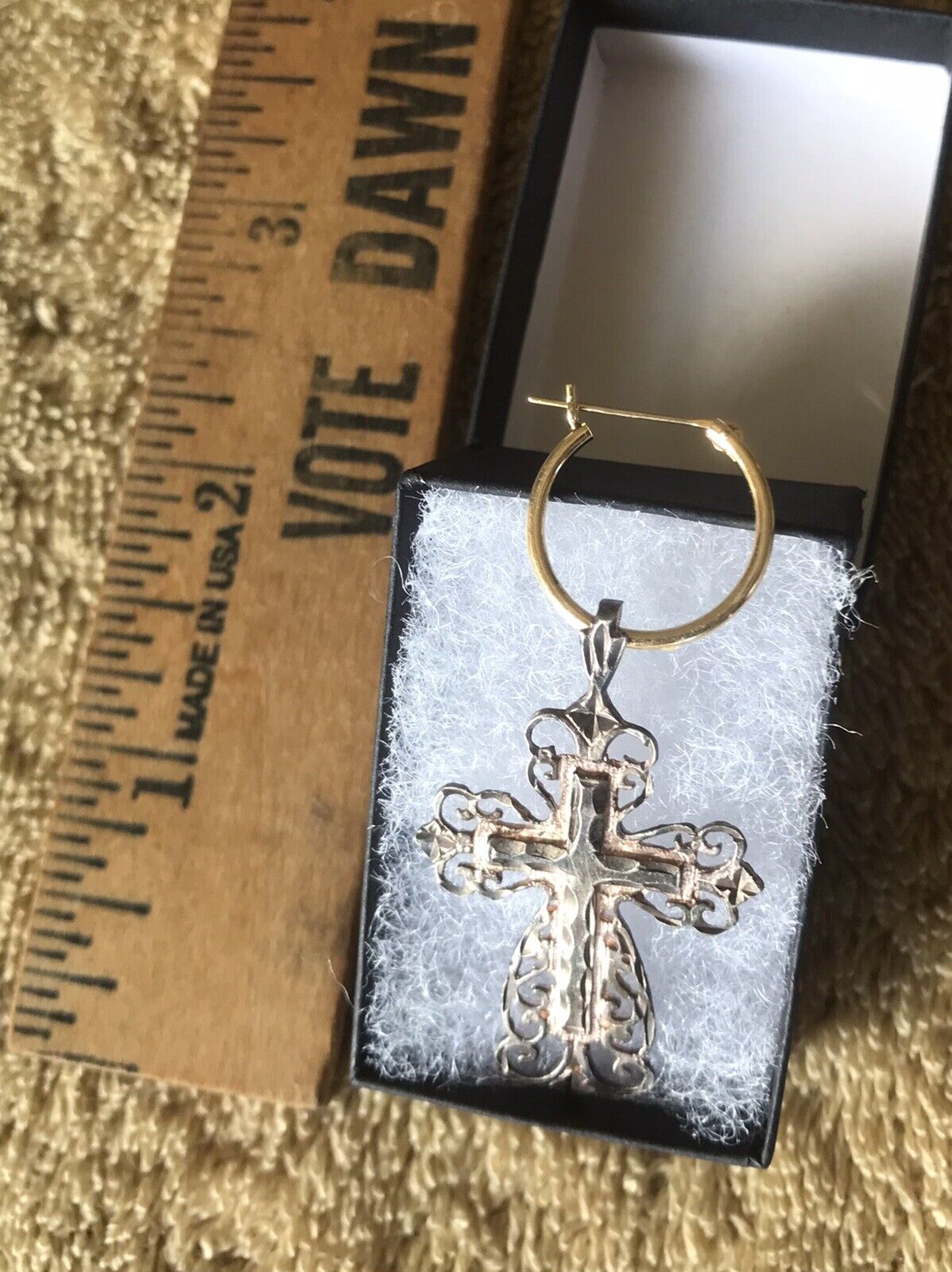 Vintage Late 1800’s Ornate Sterling Cross Pendant & 14k Gold Hoop Earring