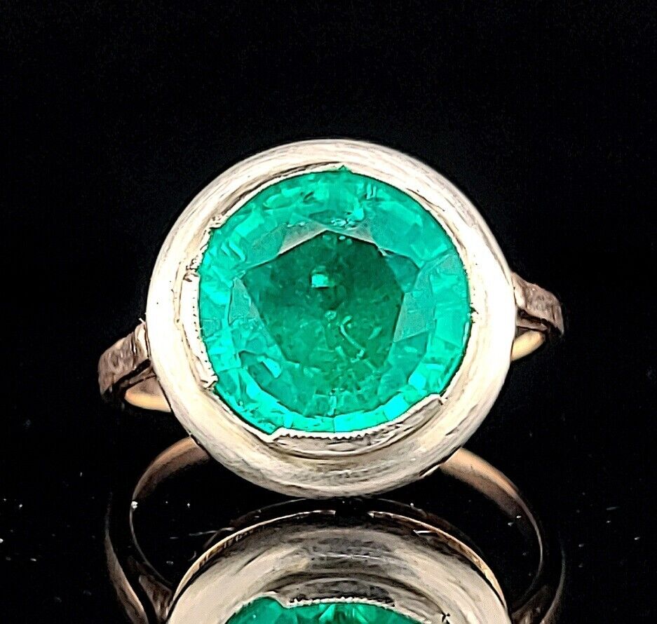 4.98ct. green round emerald ring 14k rose gold & silver Georgia circ 1800's